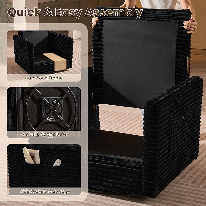 Swivel Accent Chair Set of 2, Modern Sofa Chairs for Living Room, Plush Upholstered Cloud Chair with Double Layer Thick Cushions, Bedroom Reading Nook Armchair, Black