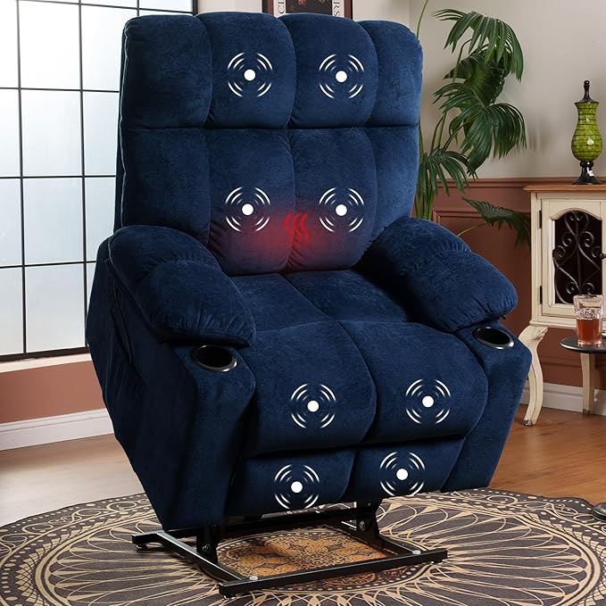 FLEXISPOT XL5 Dual OKIN Motor Power Lift Recliner Chair for Elderly, Lay Flat Electric Recliner with Massage & Heat, USB Ports, Fabric Reclining Sofa for Living Room Bedroom, Blue