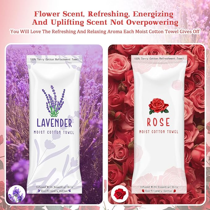 50 Pcs Moist Towelettes Individually Wrapped Scented Disposable Face Towels Essential Oil Infused Moist Terry Cotton Towel for Use Hot or Cold Travel Body Spa (Rose, Lavender)