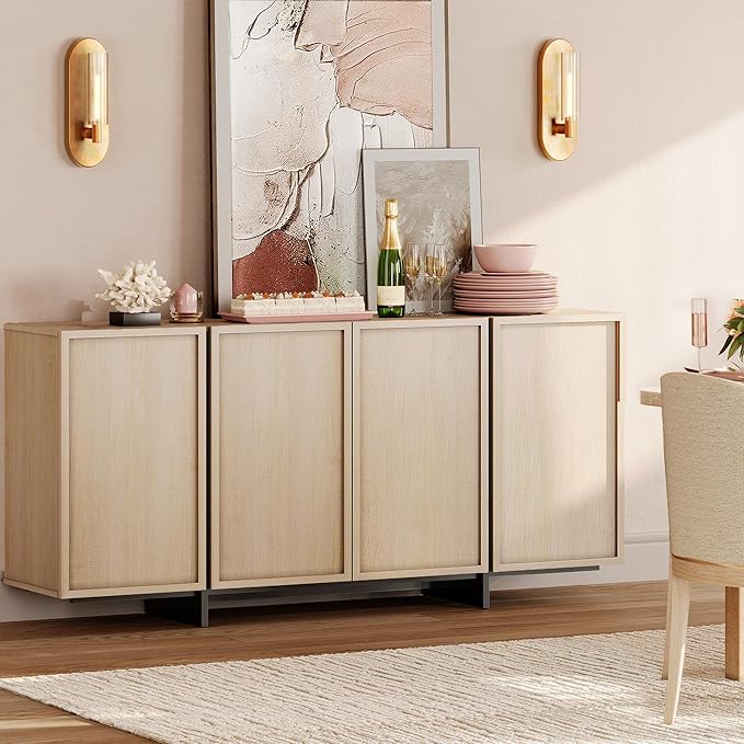 WAMPAT Modern Sideboard Buffet Cabinet with 4 Doors, Multifunctional Sideboard with Large Storage and T-Shaped Legs, Coffee Bar Cabinet Storage Cabinet for Kitchen, Living Room, Light Oak