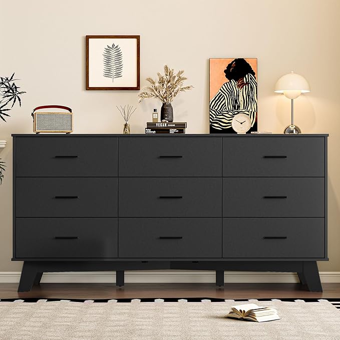 Dresser for Bedroom with 9-Drawer, 59" Wide Modern Chest of Drawers with Metal Handles, X-Shape Base & Adjustable Center Leg, Anti-Tip Closet Organizers and Storage