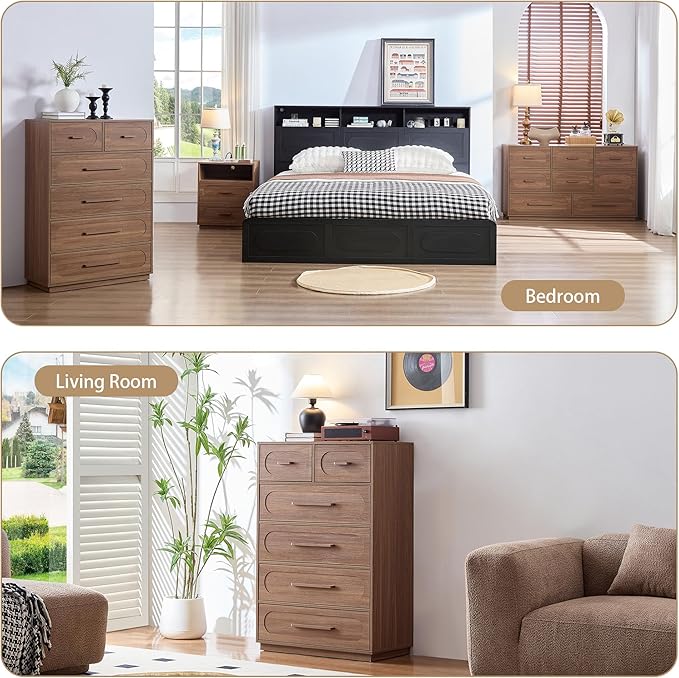 Walnut 6 Drawer Dresser for Bedroom, 44" Tall Dressers & Chest of Drawers w/Solid Wood Handle, Wood Mid Century Closet Organizers and Storage Cabinet for Bedroom, Living Room, Hallway, Walnut