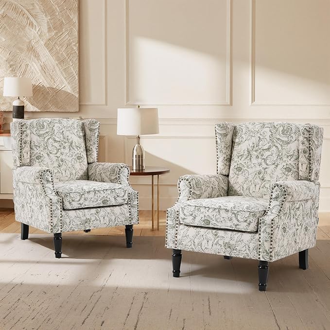 Lumibee High Back Accent Chair Set of 2, Armchair in Fabric,Comfy Upholstered Wingback Single Sofa Reading Chairs with Solid Wood Legs for Living Room,Bedroom,Office-Rococo Green