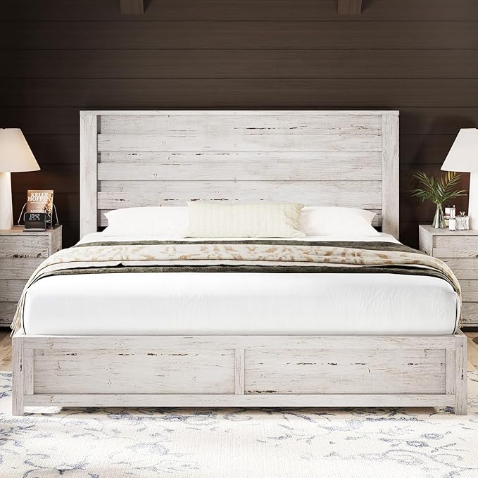 AMERLIFE Farmhouse King Size Bed Frame with 49" Fluted Headboard, Wood Platform Bed with Natural Wood Grain, No Box Spring Needed/Noise Free, Distressed White