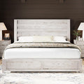 AMERLIFE Farmhouse King Size Bed Frame with 49" Fluted Headboard, Wood Platform Bed with Natural Wood Grain, No Box Spring Needed/Noise Free, Distressed White