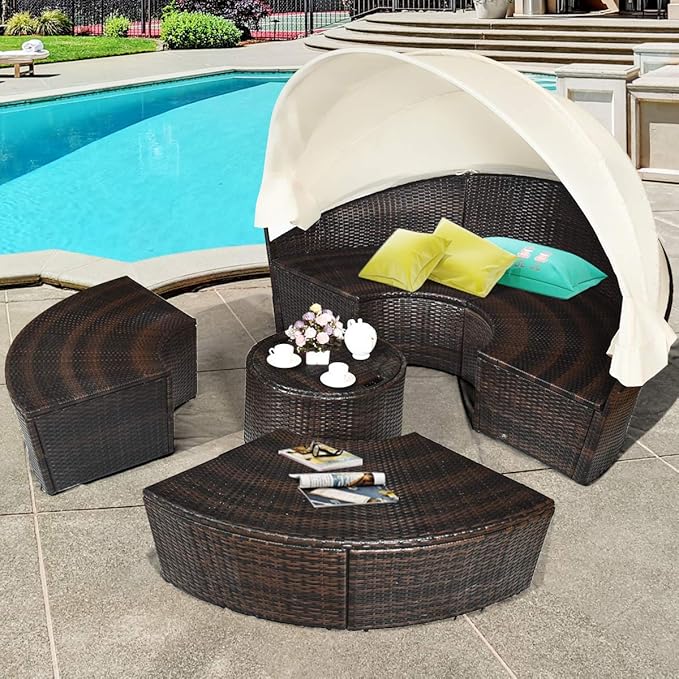 COSTWAY Patio Round Daybed with Retractable Canopy, Wicker Furniture Sectional Couch with Separate Cushioned Seats, Adjustable Table Top, Patio Rattan Daybed Sofa for Backyard, Poolside, White