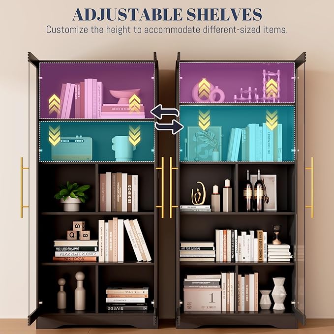 Vlsrka 65" File Cabinet, Filing Cabinets Fit Letter/A4 Size, Storage Cabinet with Doors & Lights, Tall File Bookcase with 2 Adjustable Shelves for Home Office, Living Room, Black