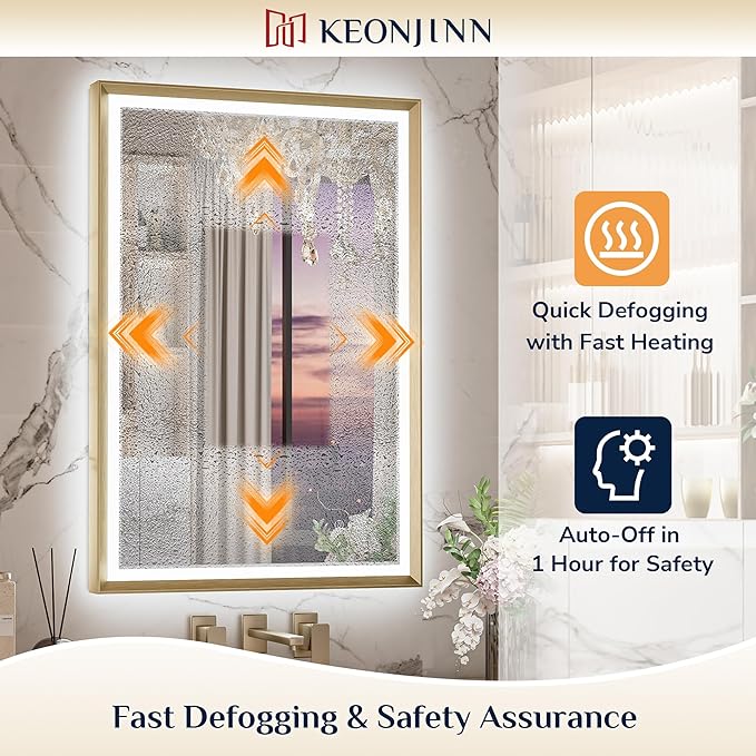 Keonjinn 30 x 36 Inch Gold LED Mirror for Bathroom, Frontlit & Backlit Framed Mirror with Stepless Dimmable Tricolors, Anti-Fog, UL-Listed LED Driver, Brighter and No Dark Corner