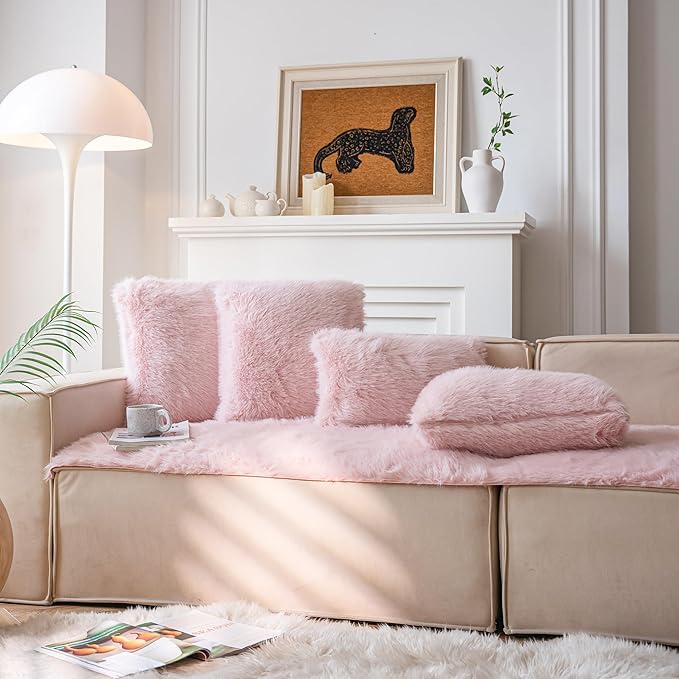 Neelvin Pink Faux Fur Cozy Fluffy Double-Sided Decorative Throw Pillow Covers 22x22 inch Set of 2,Velvet Pillowcase Cushion Case for Sofa Couch