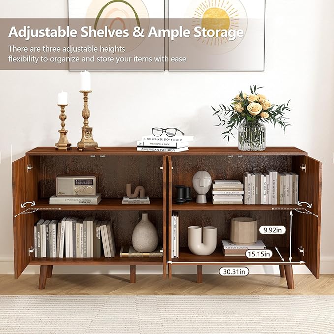 59" Buffet Cabinet with Storage, Modern Accent Sideboard Storage Cabinet with 4 Doors & Carving Lines, Wooden Coffee Bar Table Console for Living Room Kitchen Office and Hallway (Walnut)