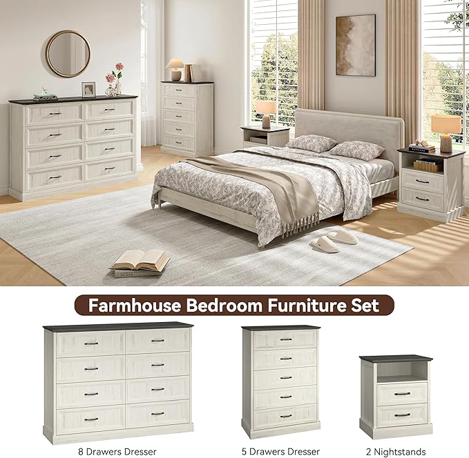 Farmhouse Dresser and Nightstand Sets, 4Pcs Bedroom Furniture Set, Nightstand Set of 2 & 55" Wide 8 Drawer and 44" Tall 5 Drawer Dresser with Large Drawers & Bar Handles, White
