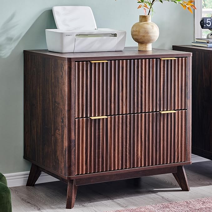 T4TREAM Fluted File Cabinet, 30" Lateral File Cabinet w/Files Hanging Rod for Letter/Legal/A4, Large Tabletop for Printer, Wood Filing Cabinets for Home Office, Walnut