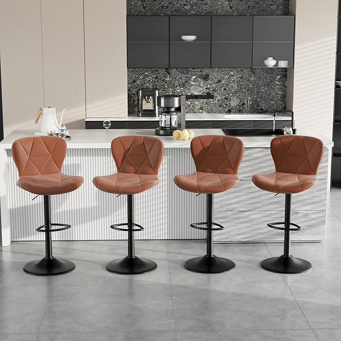 Bar Stools Set of 4,Adjustable Swivel Barstools, Faux Leather Bar Chairs,Upholstered Counter Height with High Backrest for Kitchen Island, Brown
