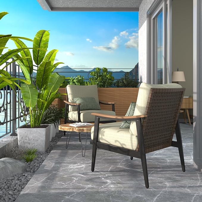 NATURAL EXPRESSIONS Patio Sofa Outdoor Furniture Metal Chair with Wicker Backrest & 6 Inches Cushion for Front, Porch, Deck, Balcony, Backyard, Sunroom, 27"(L) x 29.75"(W) x 33.86"(H).