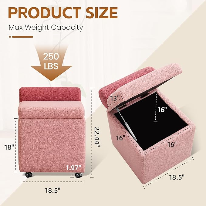 Boucle Vanity Chair with Storage, Swivel Makeup Vanity Chair with Wheels & Safety Hinge, Upholstered Vanity Stool Ottoman for Bedroom, Dressing Room, Pink
