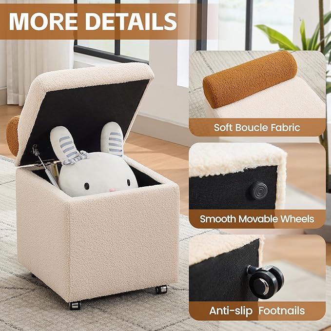 Boucle Vanity Chair with Storage, Swivel Makeup Vanity Chair with Wheels & Safety Hinge, Upholstered Vanity Stool Ottoman for Bedroom, Dressing Room, Beige