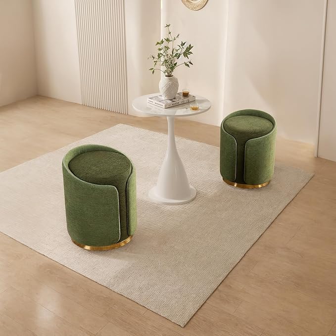 Swivel Vanity Stool with Gold Base Comfy Vanity Chair Modern Round Stool for Makeup Vanity Ottoman Foot Rest for Bedroom livingroom (Green)