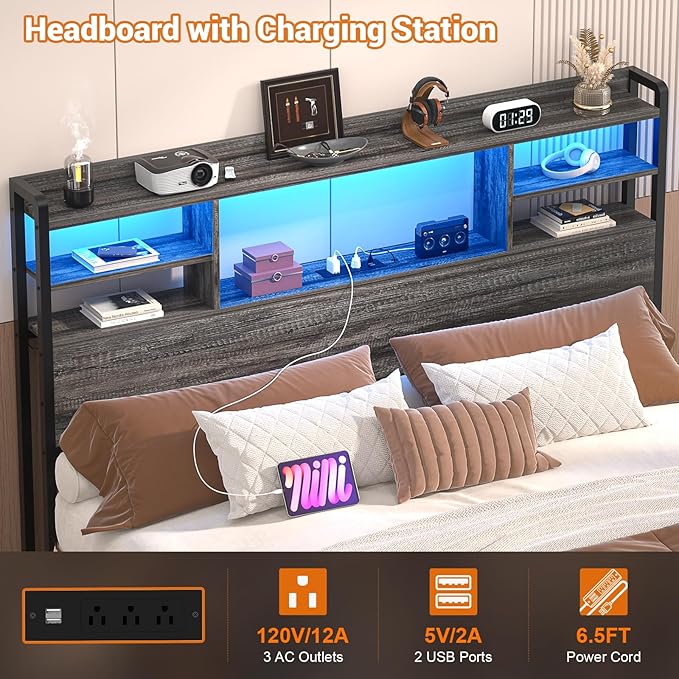 Aheaplus Headboard for Full Size Bed with Storage, Headboards with LED Light, Power Outlets, USB Ports Full Size Head Board, Wood headboard Only Sturdy and Stable Headboards, Modern, Black Oak