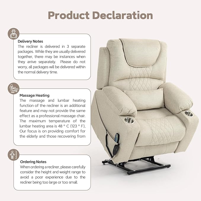 Oversized Lazy Boy Recliner Chair, 2 Motor Leather Recliner, Nursing Lift Chair with Massage and Lumbar Heating, Functional Adult Power Recliner with Cup Holders