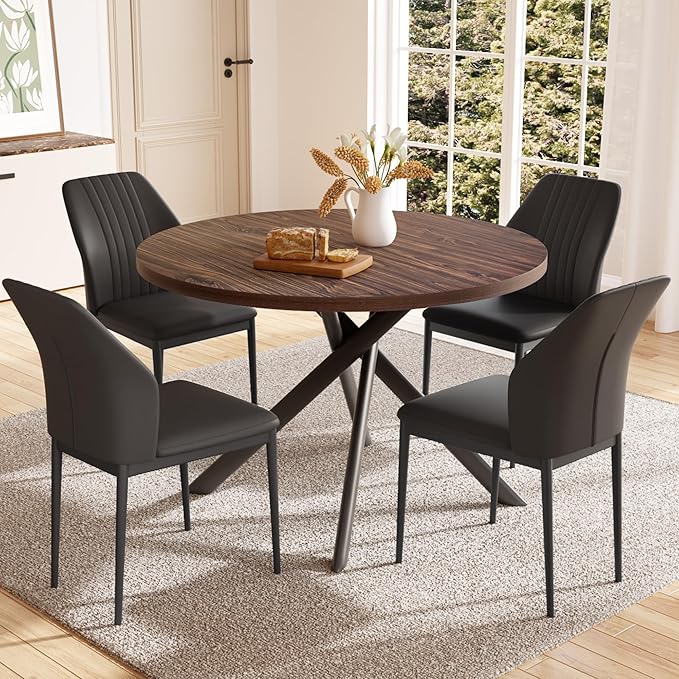 45.3'' Walnut Round Dining Table Set for 4, Mid Century Modern Small Coffee Set for Dining Room Kitchen Apartment (Dark Walnut Table + 4 Black Chairs)
