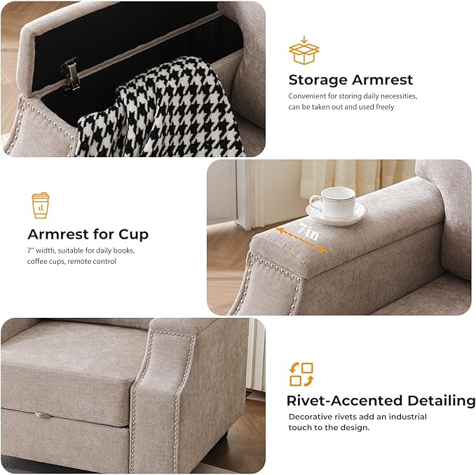 85'' L Shaped Couch with Armrest Organizer,Comfy 3 Seats Sofa with Storage Ottoman,Chenille Sectional Couches for Living Room,Bedroom,Apartment,Sofa Set with Oversized Chair,Khaki