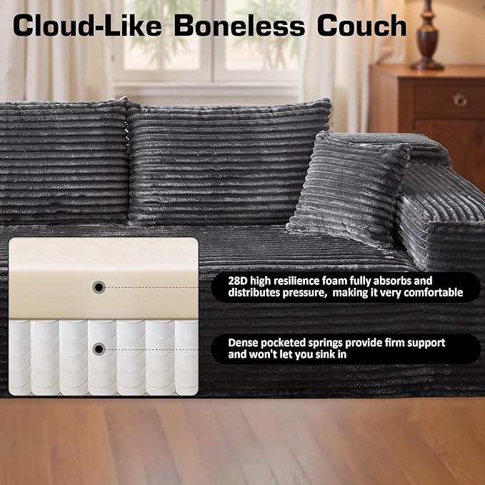 106" Cloud Sectional Couch with Chaise Lounge,L Shaped Modular Modern Sofa,Comfy Corduroy Fluffy Sofa with Deep Seat,No Assembly Required Couch for Living Room(Left,Plush Corduroy,Gray)