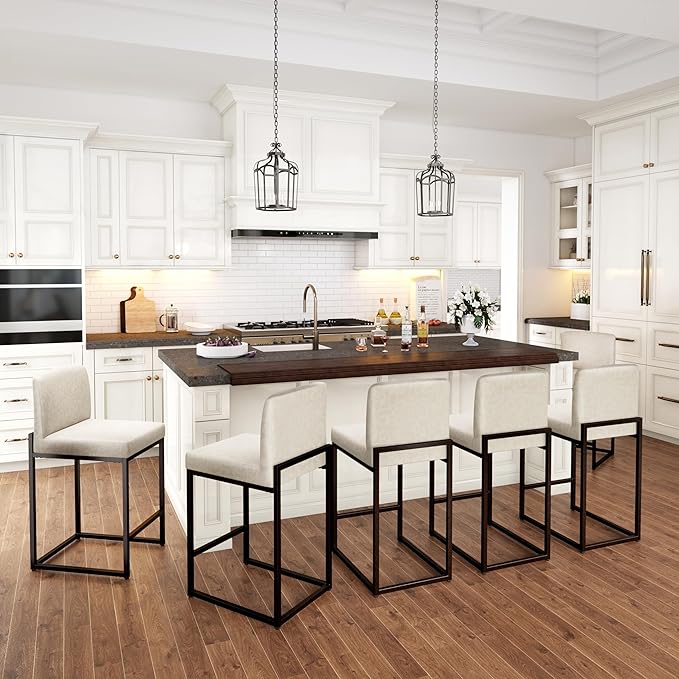 PHI VILLA Light Grey Bar Stools Set of 6, Counter Height Bar Stool Faux Leather Barstools with Back, 24 inch Kitchen Bar Chairs