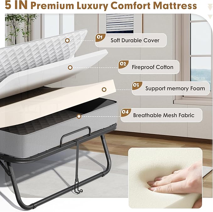 Superday Folding Bed with Mattress, 75" x 38" Folded Bed, Roll Away Beds with 5" Memory Foam Mattresses for Adults, Foldable Twin Beds for Guest Room, Small Apartment, Space-Saving Sturdy Metal Frame