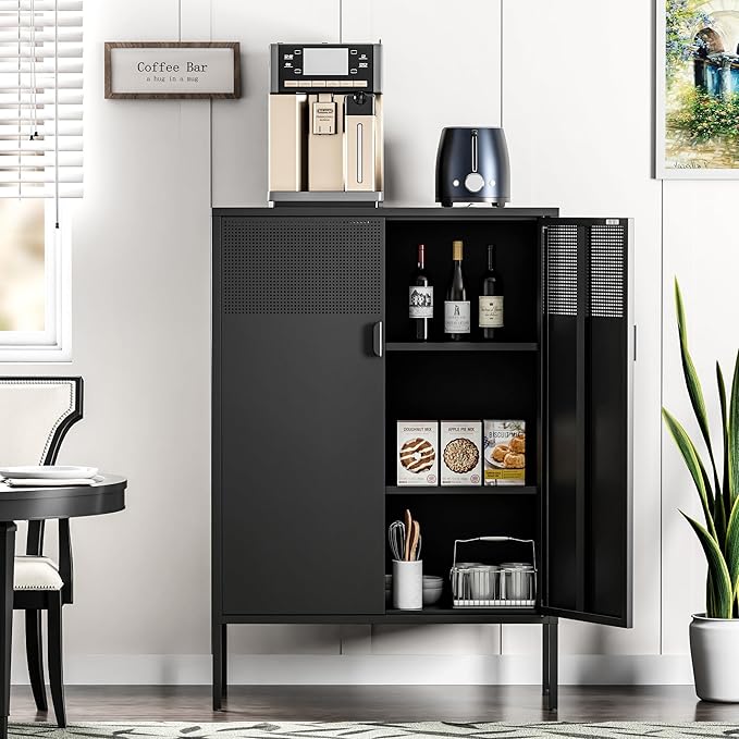Black Metal Storage Cabinet, Metal Locker Storage Cabinet with Doors and Shelves, 3 Tier Steel Office Storage Cabinet, Metal Sideboard for Home, Office, Kitchen and Coffee Bar