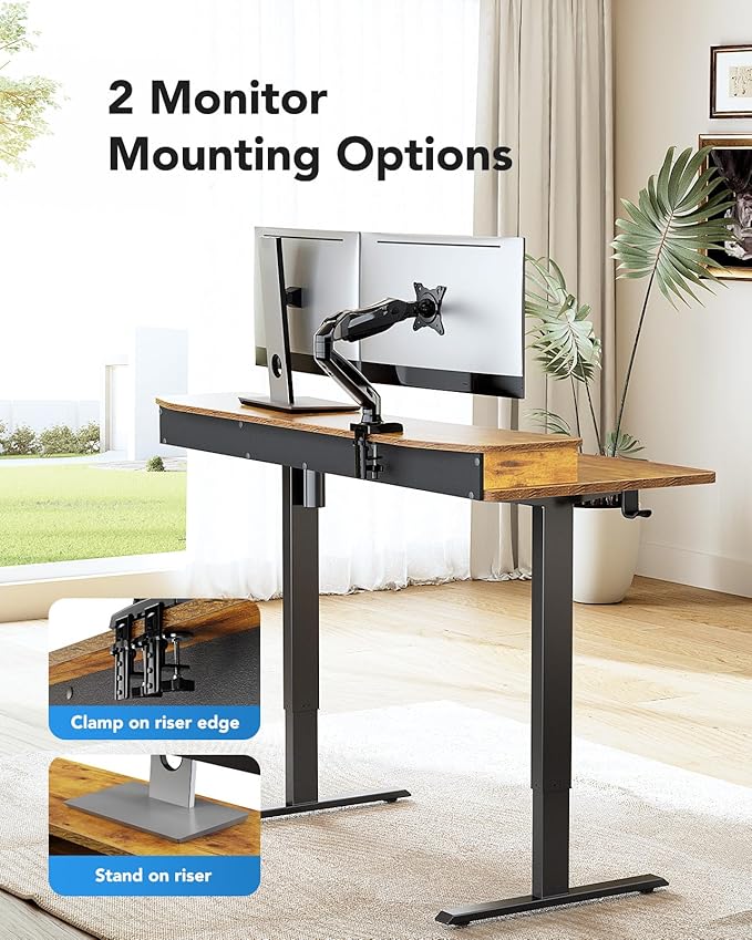 HUANUO 55" x 26" Electric Standing Desk with 2 Drawers & 26.7" Large Keyboard Tray, C-Clamp Mount Compatible, Adjustable Computer Desk for Home Office, Stand Up Desk with 4 Height Presets, Vintage