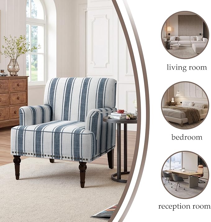 Pia Ricco Stripe Accent Chair-Modern Nailhead Trim & Wood Legs Armchair - Comfy Living Room, Bedroom, or Home Office Seating-Blue