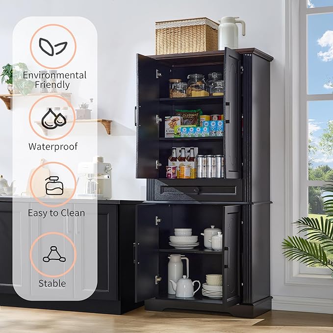 71" Black Tall Pantry Cabinet with Drawer and Adjustable Shelves, Modern Storage Cabinet with Doors, Kitchen Buffet Cabinet, Food Pantry Storage Cabinet, Coffee Bar, Living Room and Dining Room
