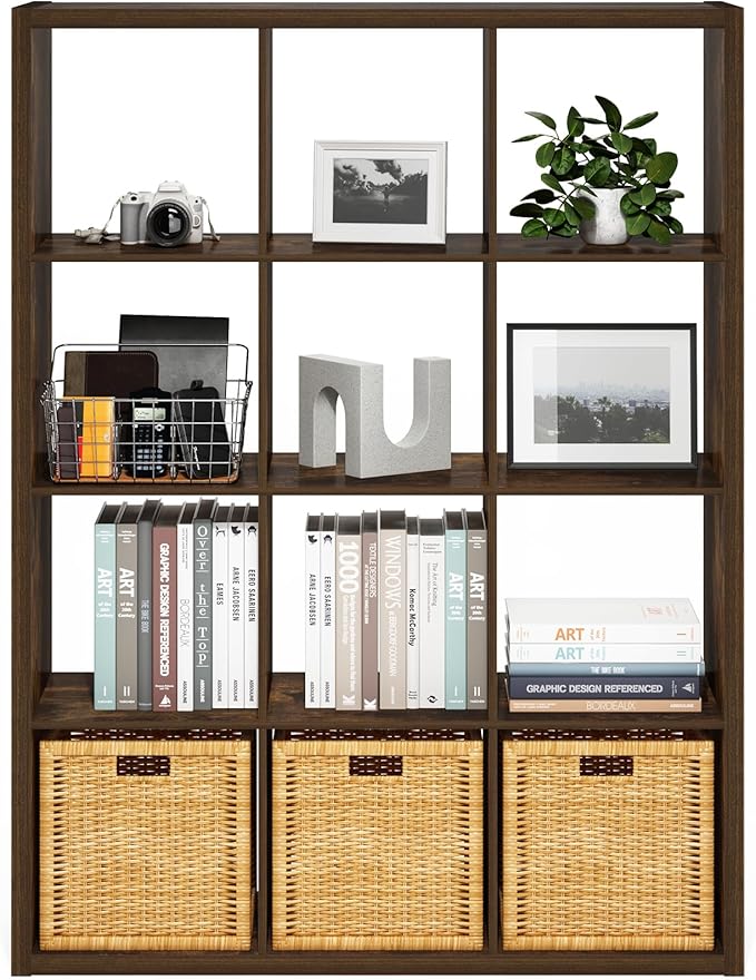 Furinno Cubicle Book Shelf, 12-Cube Thick Frame Bookshelf, Reversible Bookcase with Open Back, 14.6 x 43.8 x 58, for Living Room, Bedroom, Home Office, Amber Pine