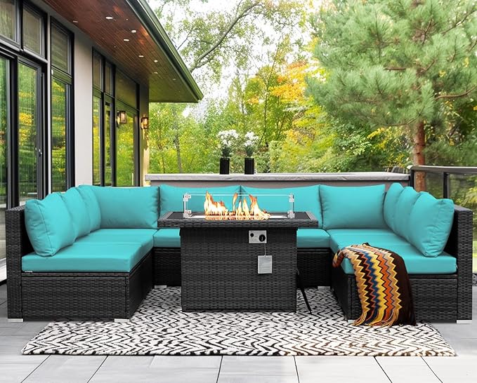 NICESOUL Extra Large 9 Piece Patio Furniture Set with Fire Pit Table Natural Gas & Propane, 29.3'' High Back Rattan Outdoor Conversations, 8 Seater Modular Sofa Set, 2 Color Cushions Turquoise & Gray