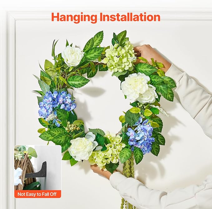VEVOR Spring Wreath for Front Door 24 Inch - Artificial Hydrangea Wreath with Peonies, Year-Round All Season Outdoor Indoor Decor (Blue White Green Summer Floral)