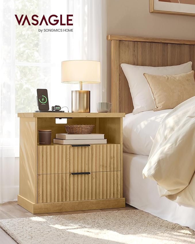VASAGLE MAXE Collection - Set of 2 Nightstands with Charging Station, Fluted Night Stand, Bedside Table, Mid Century Modern Side End Table, 2 Drawers, 2 AC Outlets, 2 USB Ports, Oak Beige ULET926Y01