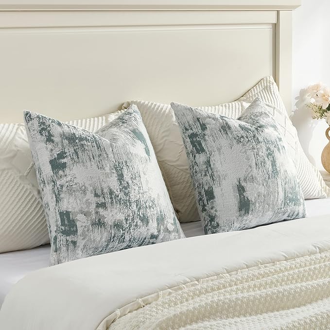 FUTEI Teal White Decorative Throw Pillow Covers 24x24 Inch Set of 2,Soft Faux Cashmere Jacquard - Textured & Cozy Euro Pillow Shams,Modern Home Decor for Couch Bed Living Room