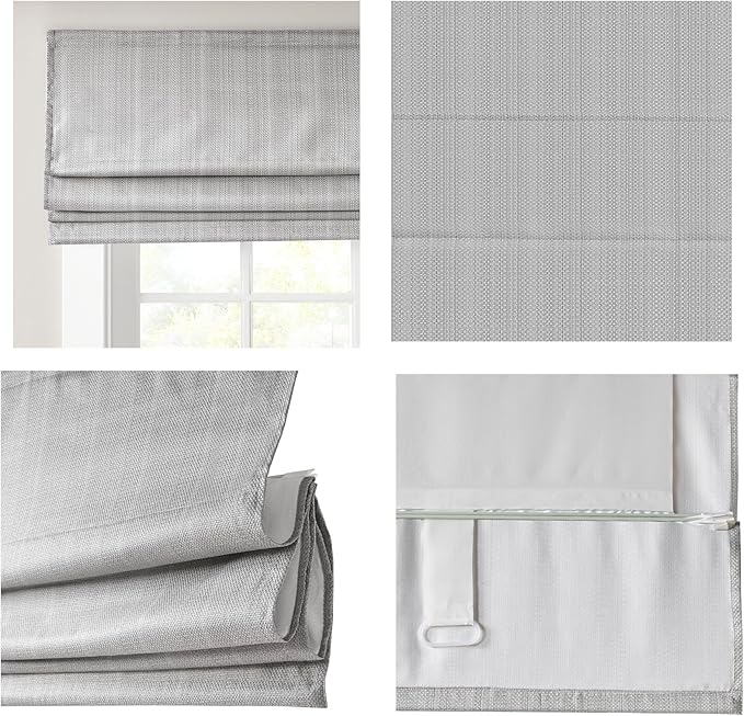 Madison Park Galen Cordless Roman Shade, 31"W x 64"H, Sheen Grey – Room Darkening, Thermal Insulated, Energy Efficient Window Blind with Subtle Sheen Basketweave Fabric for Privacy