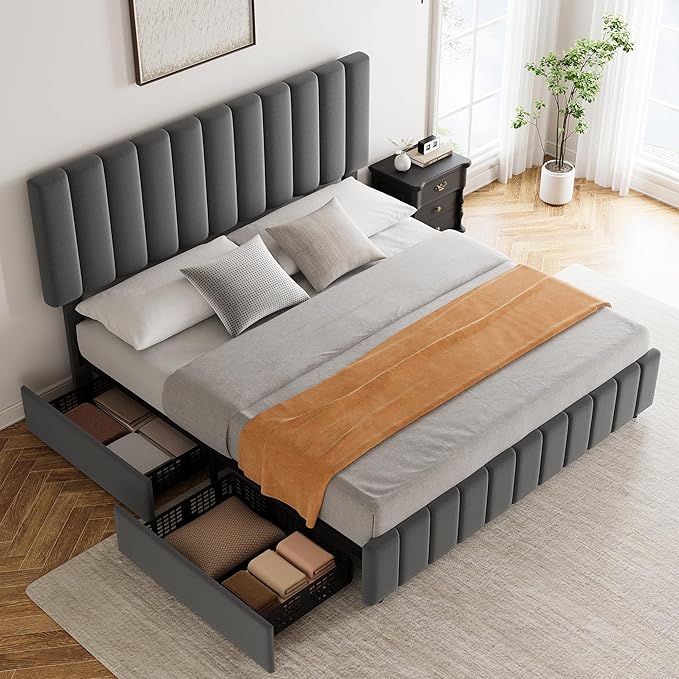Garvee Queen Size Bed Frame with 4 Storage Drawers, Adjustable Height Headboard, Linen Upholstered Platform Bed Frame, No Box Spring Needed, Easy Assembly, Grey