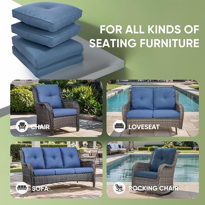 Outdoor Chair Cushion Set, 25 x 22 Deep Seat Cushion, Patio Chair Cushions for Outdoor, Include 1 Seat Cushion and 1 Back Cushion, Blue
