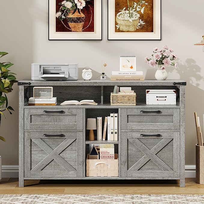 Filing Organization Storage Cabinets 4 Drawer with Adjustable Shelf, Lateral Filing Cabinet with Open Storage Shelf for Home Office, Farmhouse File Cabinets for Hanging Files Letter/A4.Gray