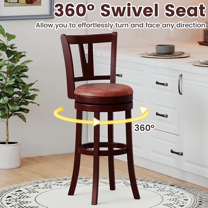 COSTWAY Barstools Set of 4, 30” Faux Leather Upholstered Bar Stools with High Backs and Footrests, Armless Kitchen Island Dining Chairs with Solid Wood Legs, Cappuccino (4, 30'' Seat Height)