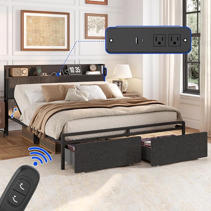 FLEXISPOT BF21Q Adjustable Bed with Storage Headboard and Charging Station, LED Light, Fabric Storage Drawers, Durable and Sturdy, No Box Spring Required, Easy Assembly.