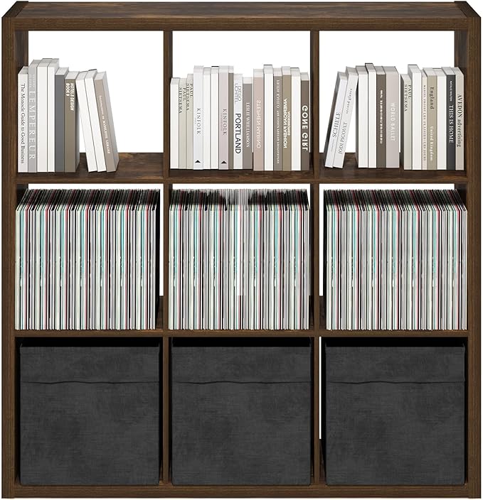Furinno Cubicle Book Shelf, 9-Cube Thick Frame Bookshelf, Reversible Bookcase with Open Back, 14.6 x 43.8 x 43.8, for Living Room, Bedroom, Home Office, Amber Pine