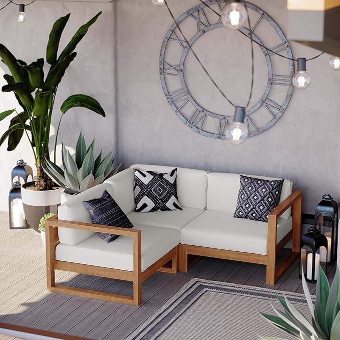 Modway EEI-4255-NAT-WHI-SET Upland Patio Teak Wood 3-Piece Sectional Sofa Set, Natural White