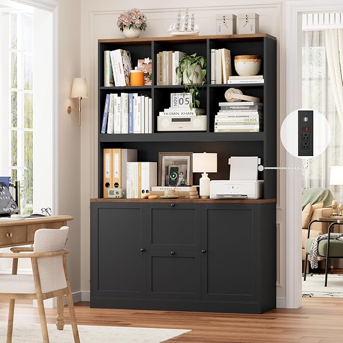HIFIT 72'' Tall File Bookcase with Power Outlet & Printer Stand, 2 Drawer Filing Cabinets for Home Office Fit Hanging A4 File, Storage Cabinet w/ 3 Tier Open Book Shelf & Doors for Living Room, Black