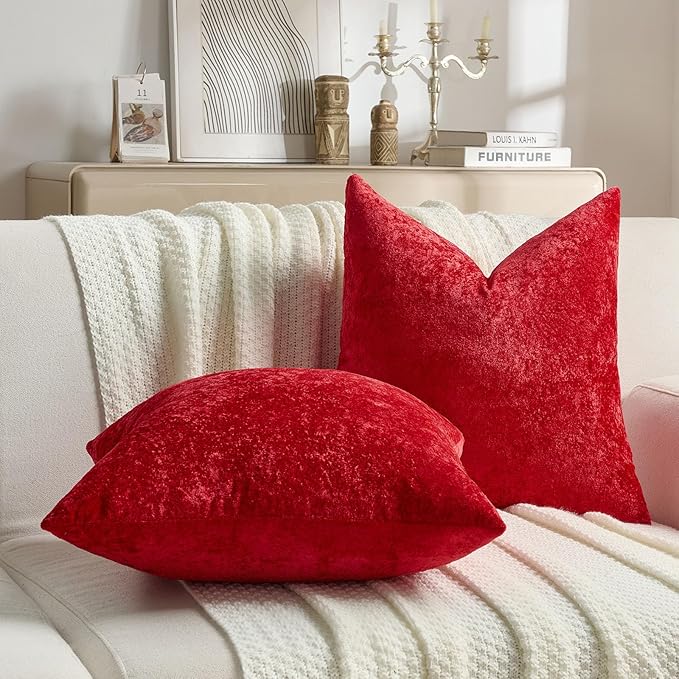 FUTEI Christmas Red Flannel Throw Pillow Covers 20x20 Inch Set of 2,Soft Dimensional TextuChristmas Red Cushion Cases,Modern Home Decor for Couch Living Room