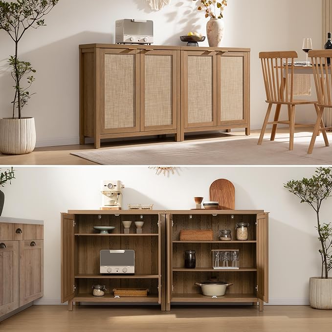 SICOTAS Sideboard Buffet Cabinet with Large Storage : Boho Rattan Credenza Coffee Bar Storage Cabinet with Adjustable Shelves, Farmhouse Console Cabinets for Kitchen, Living Room, Entryway, Oak, 2 PCS