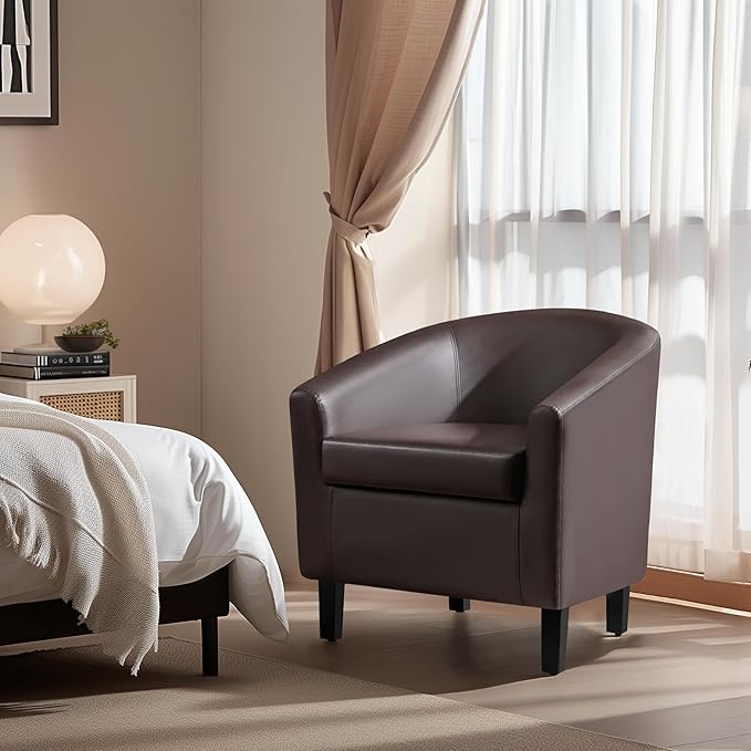 Yaheetech Leather Club Chair, Faux Leather Accent Chair, Modern Living Room Armchair with Wood Legs and Padded Seat for Bedroom Reception Room, Espresso