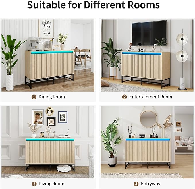 Fluted Sideboard Buffet Cabinet with Storage, 47" Wood Storage Cabinet with Doors and Adjustable Shelves LED Light, Modern Credenza for Kitchen, Dining room, Living room, Entryway(Oak, set of 2)